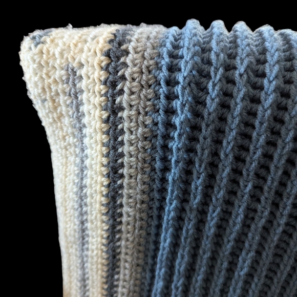 Handmade Crochet Blue and Gray Ribbed Blanket with Contrasting Borders - Picture 2 of 3